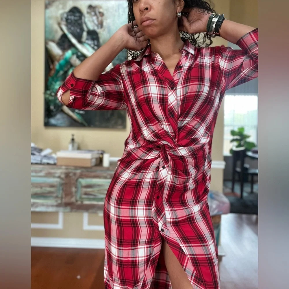 Zara Red White Black The Knot Check Dress - Picture 3 of 14